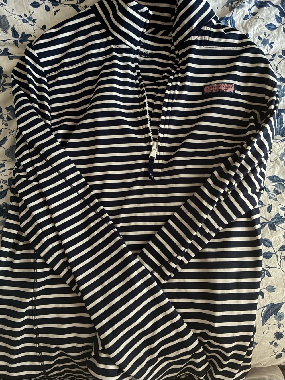 Vineyard Vines Navy and White Striped Tee with Pink Logo Patch